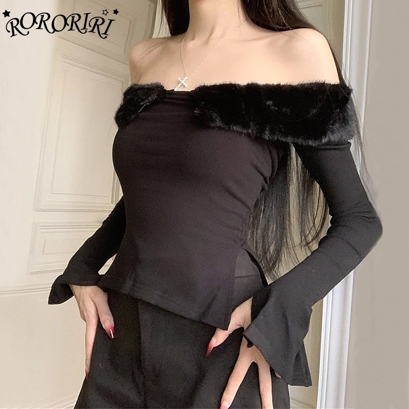 

RORORIRI Faux Fur Women Off Shoulder T-shirt Vintage Stitch Split Solid Long Sleeves Casual Rib Knit Top Autumn Winter Clothes