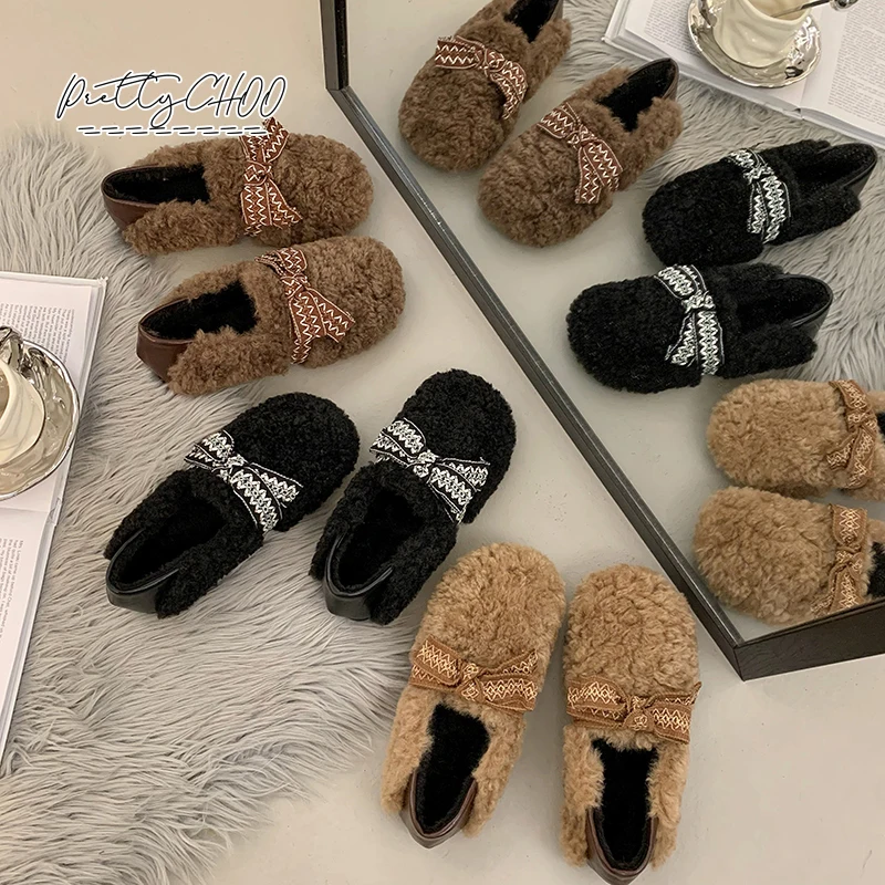 

Luxury Braid Bowknot Shearing Loafers Woman Winter Warm Fur Flat Shoes Ladies Brand Design Cross Strap Lambwool Short Boots