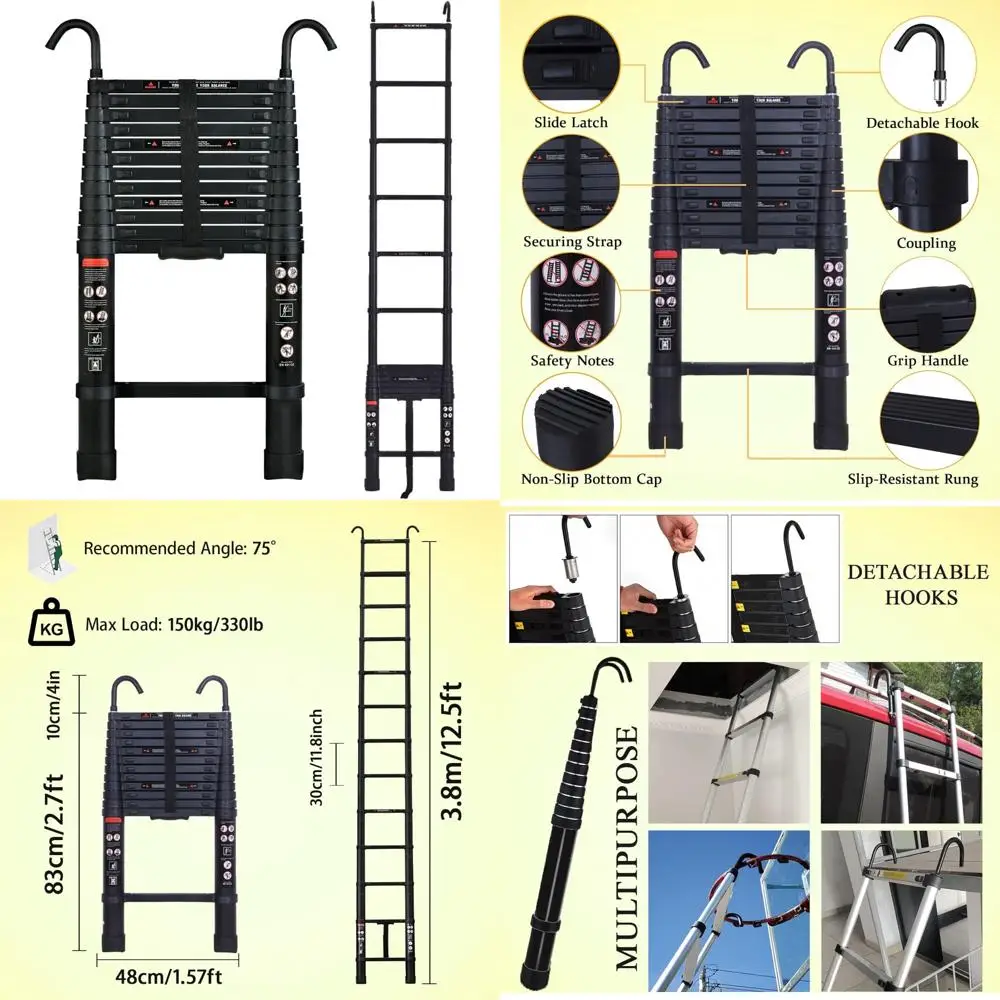 

Алюминиевая удлинительная лестница 12,5 футов с крючками — нескользящая для дома, крыши, автофургона на открытом воздухе — поддерживает до 330 фунтов