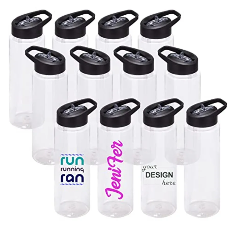 

24 oz Clear Water Bottles with Straw 12 Pack Bulk Reusable Sports Water Bottle with Handle Wide Mouth and Portable for Travel G