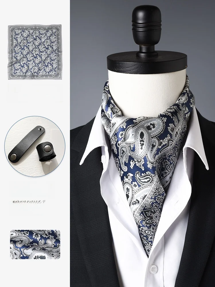 高級メンズシルクスカーフ薄いショールシャツスーツ用ネックウォーマー秋の首元ケア韓国風プリントスクエアスカーフ多機能