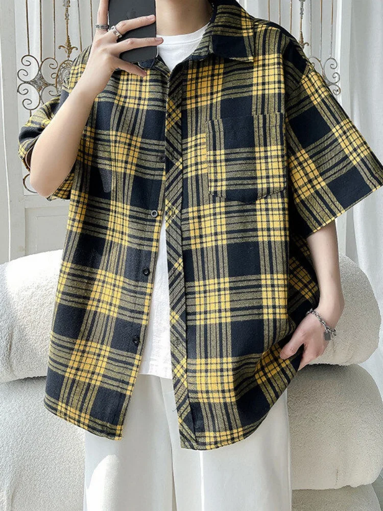 

Slim Fit Plaid Shirt Men's Short Sleeve American Retro Casual Shirt Jacket Summer Thin Loose Teen Half Sleeve Top
