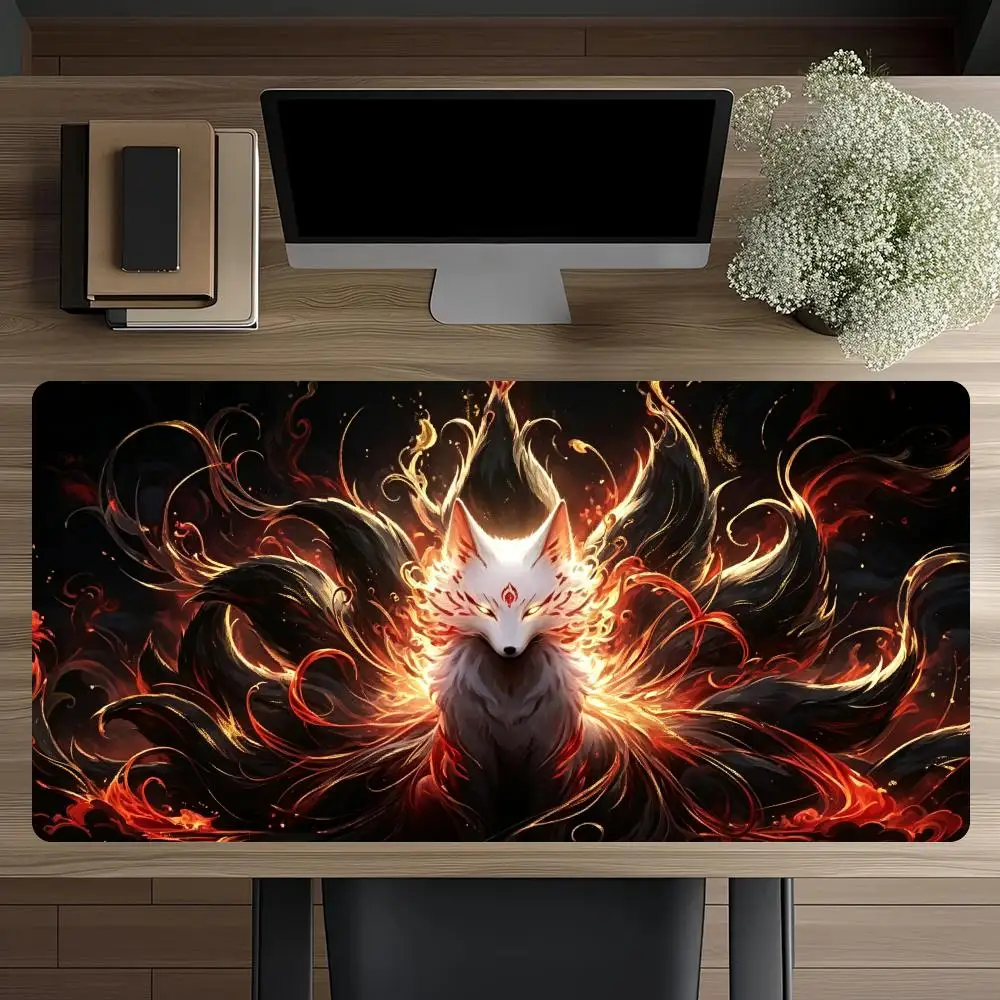 Ice Blue Streamer White Nine Tailed Fox Cool Tone Fantasy Mythical Creature Art mousepad Natural Rubber Non Slip Table Pad