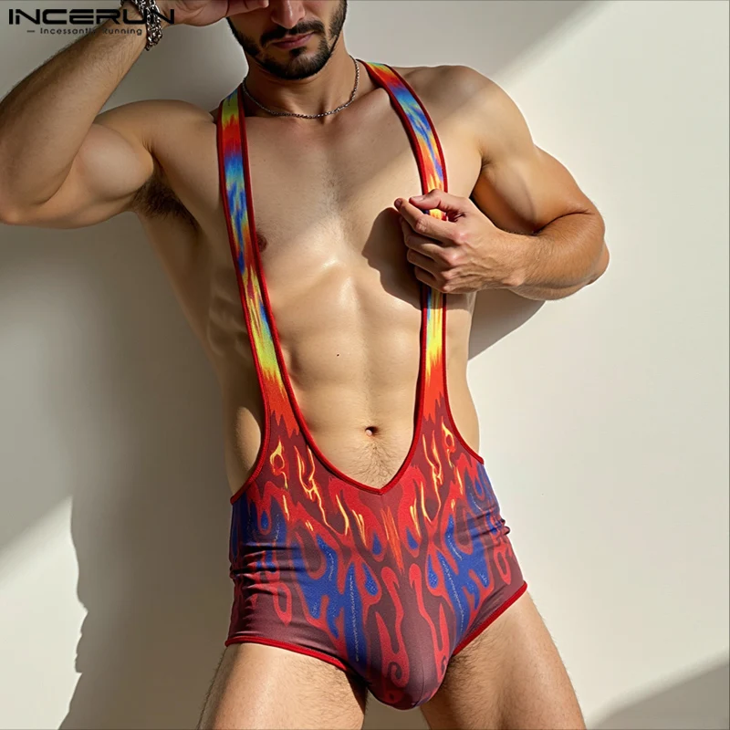

INCERUN Men Bodysuits Printing Deep V Neck Sleeveless Sexy Male Rompers Streetwear Playsuits Men 2025 Fashion Bodysuit Men S-5XL