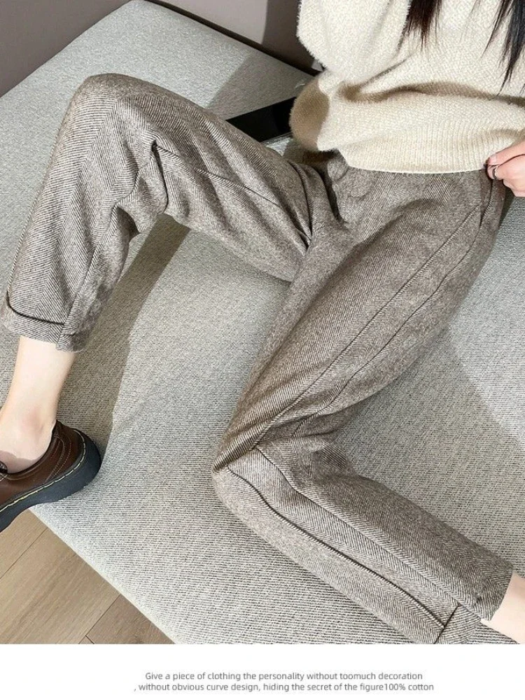 Winter Woolen Pants for Women Thicken Warm Ankle-Length Harem Pants Office Lady Khaki Elastic Waist Fashion Women\'s Trousers