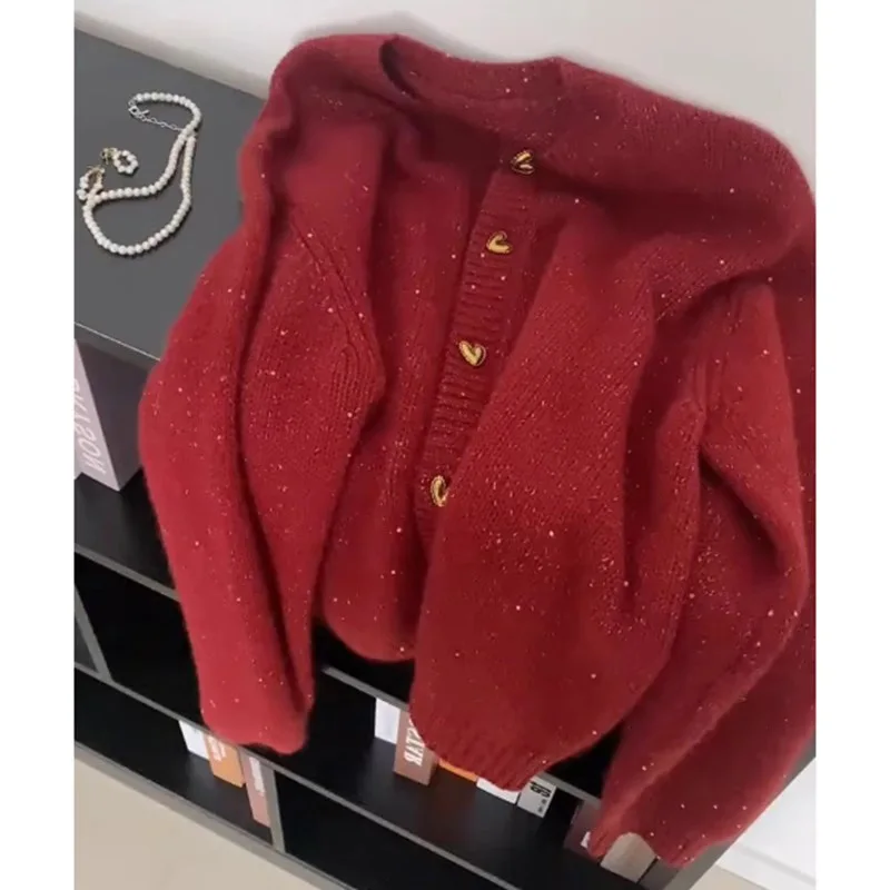 

Red New Year Atmosphere Cardigan Sweater for Women in Autumn and Winter Loose and High-end Soft and Thick Knit Sweater Jacket