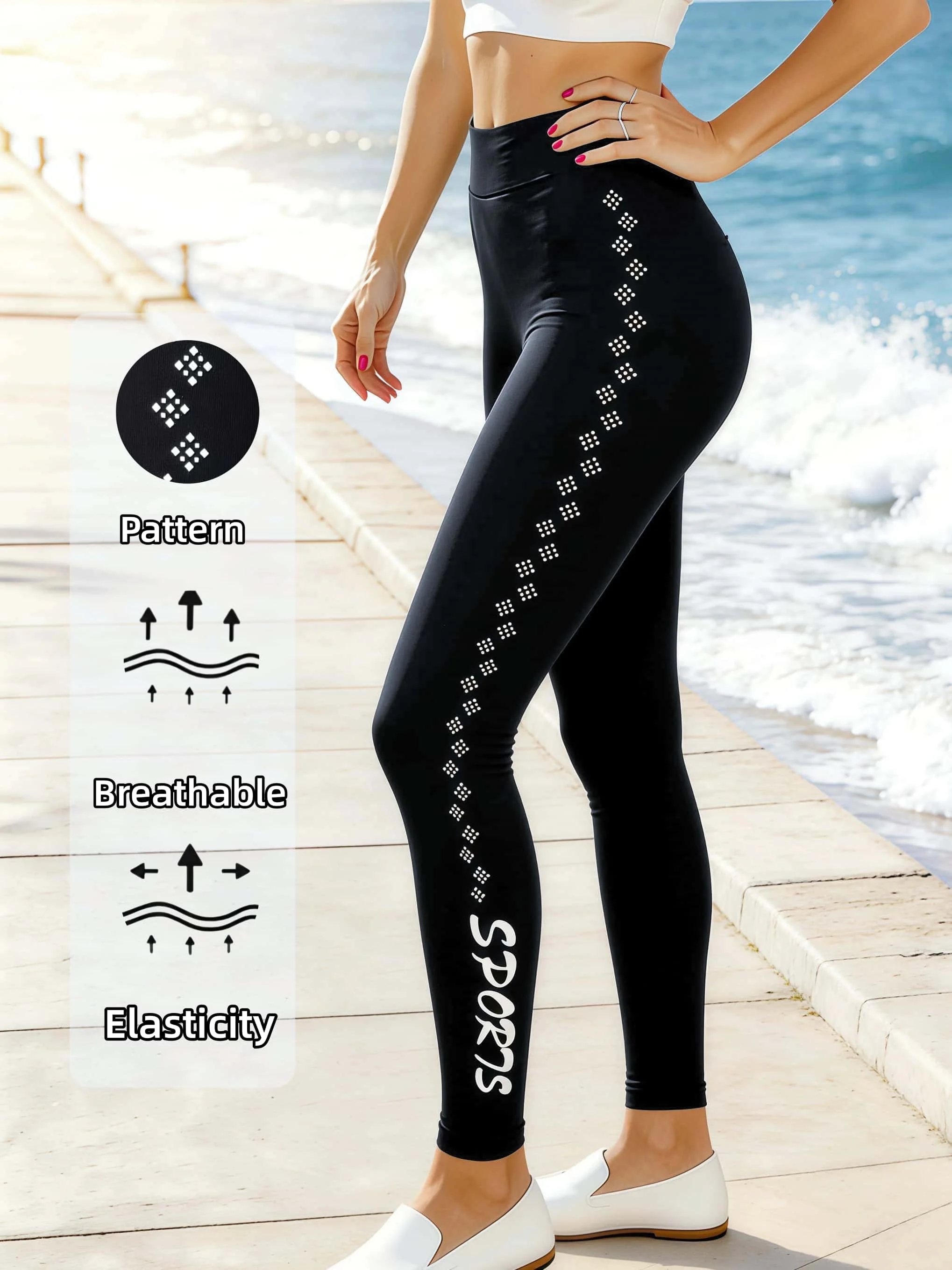 Women's Side Print SPORTS 9/10 Pants High Stretch Breathable Fitness Tights Yoga Running Leggings Suitable for Outdoor Gathering