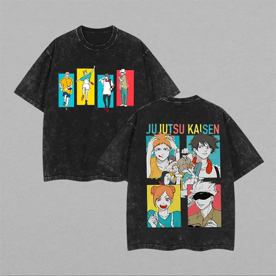 Jujutsu Kaisen Lost in Paradise T-Shirt Herren Vintage Acid Wash Anime-Endmotiv Grafik Streetwear Übergroße Harajuku Tees