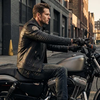 Genuine Cowhide Leather Biker Jacket Men's Slim Fit Short Motorcycle Coat Embroidery 6
