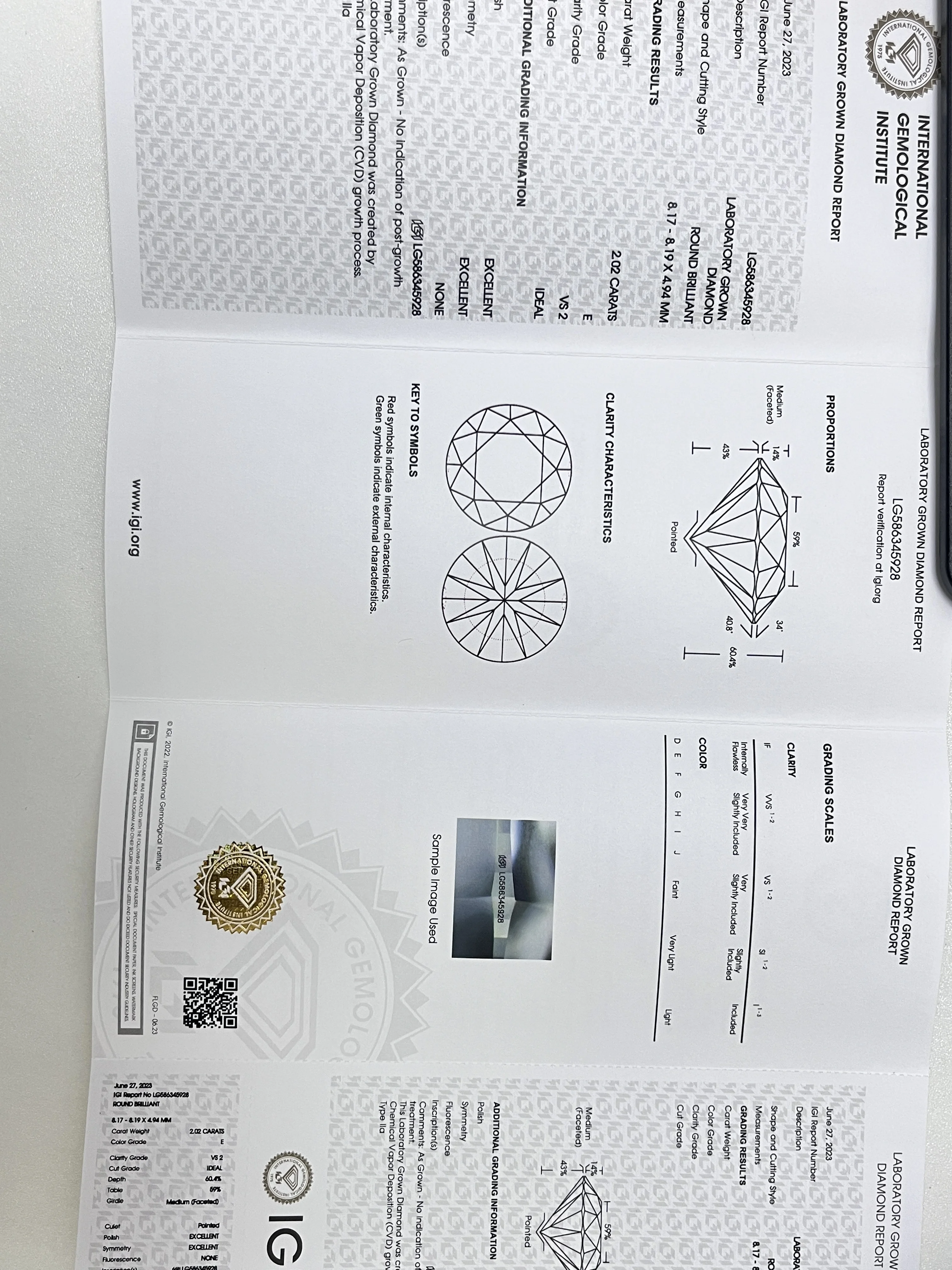 

AEAW 2.02Ct Round Brilliant Cut CVD Lab Grown Diamond IGI Certified E Color VS2 Clarity 2EX