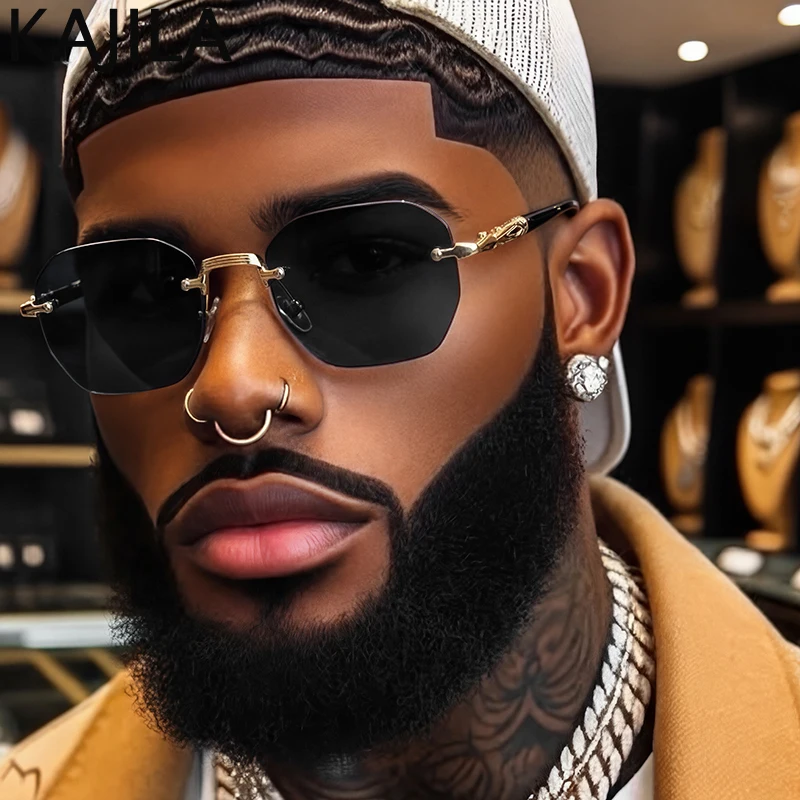 

Vintage Square Rimless Punk Sunglasses Men 2026 Luxury Designer Retro Steampunk Metal Polygon Sun Glasses For Male Driving Shade