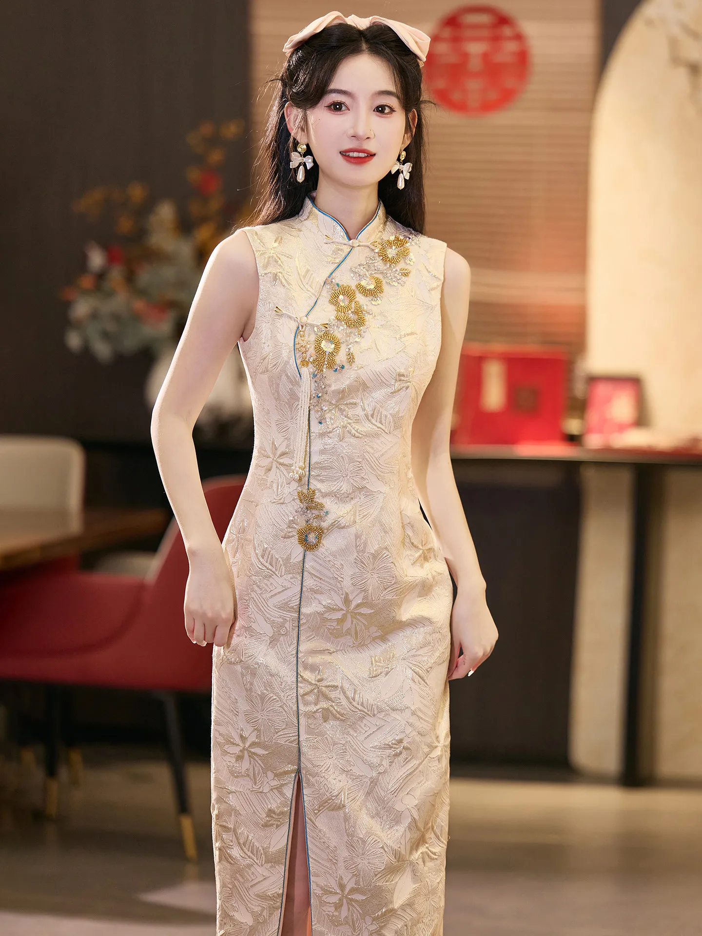 

Новое китайское вечернее платье-ципао Yourqipao 2026 года, цвета шампань, улучшенная модель без рукавов