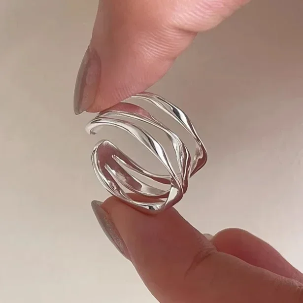 

Настоящее серебро 925 пробы, многослойные геометрические открывающиеся кольца для женщин, модные круглые ювелирные изделия, минималистичные аксессуары