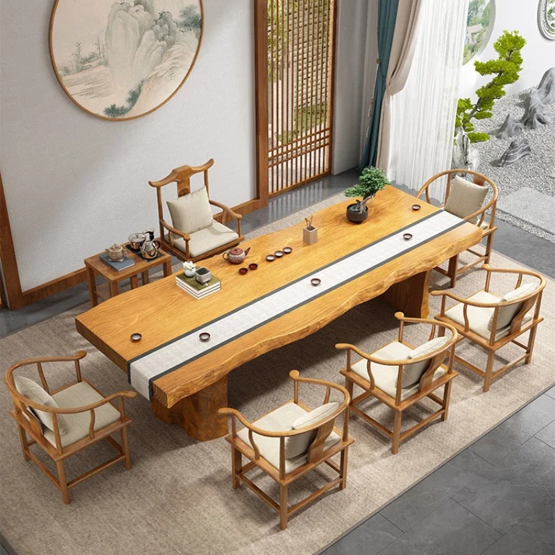 

Solid wood large board tea table and chair combination new Chinese log tea table kung fu modern simple zen office living room