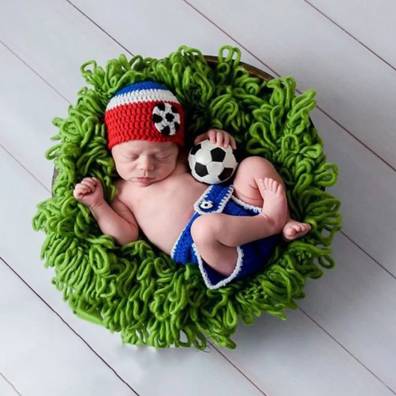 2 Pieces Set of Newborn Soccer Player Photography Props Clothing Baby Crochet Knitted Hat Soccer Set Baby Photography Clothing