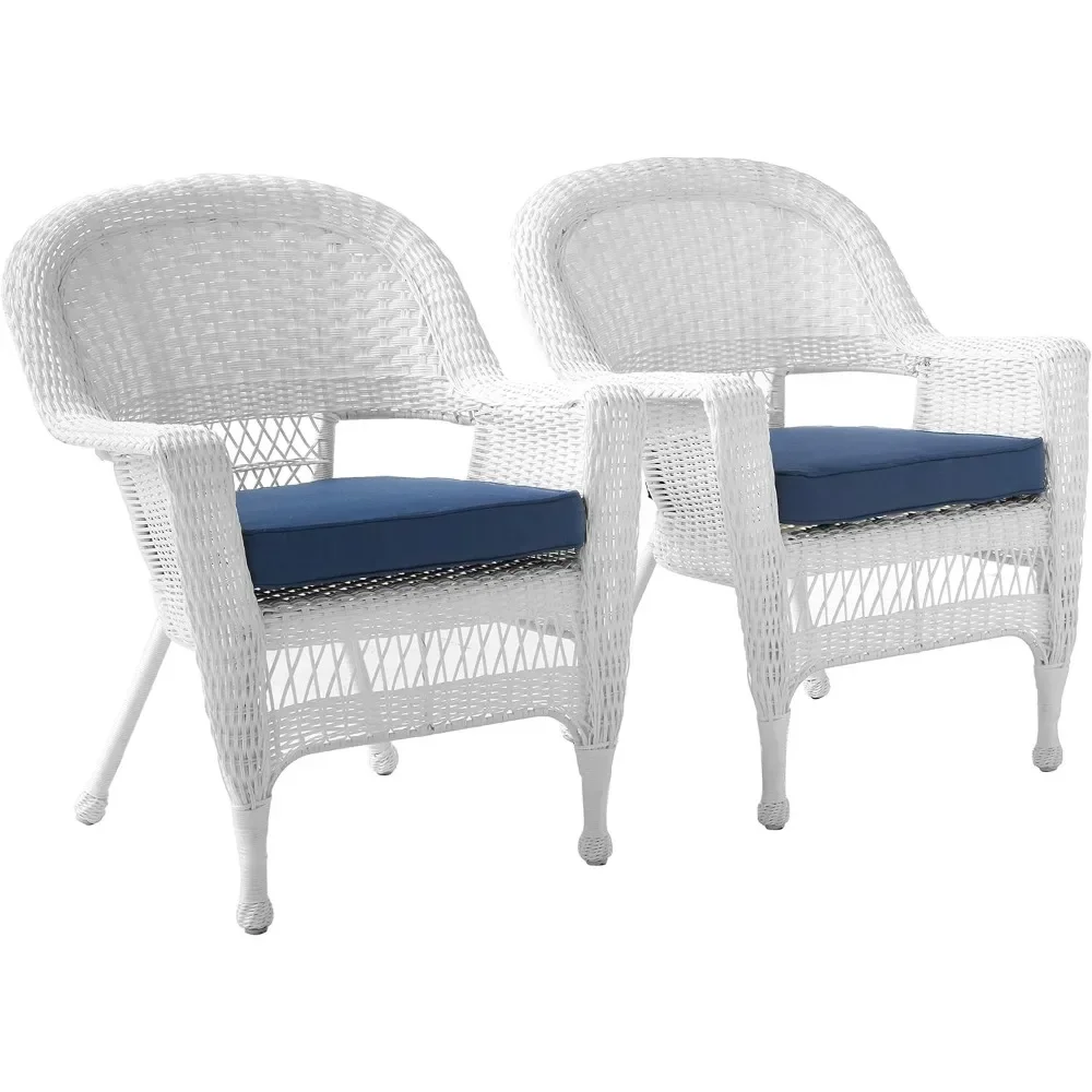 Silla de mimbre con cojín azul, muebles de Patio, Juego de 2 blancos para exteriores