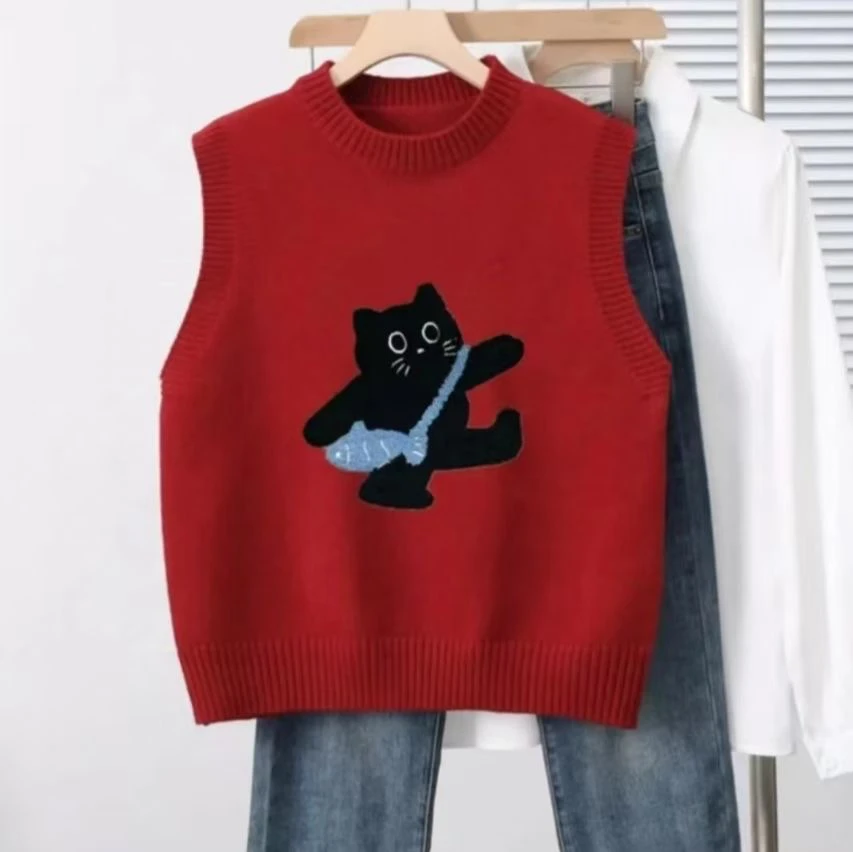 Adorable Ceco de Punto Antienvejecimiento, Ceco Clásico Bordado con Gato, Moda Otoño Invierno, Ceco Versátil, Estilo...