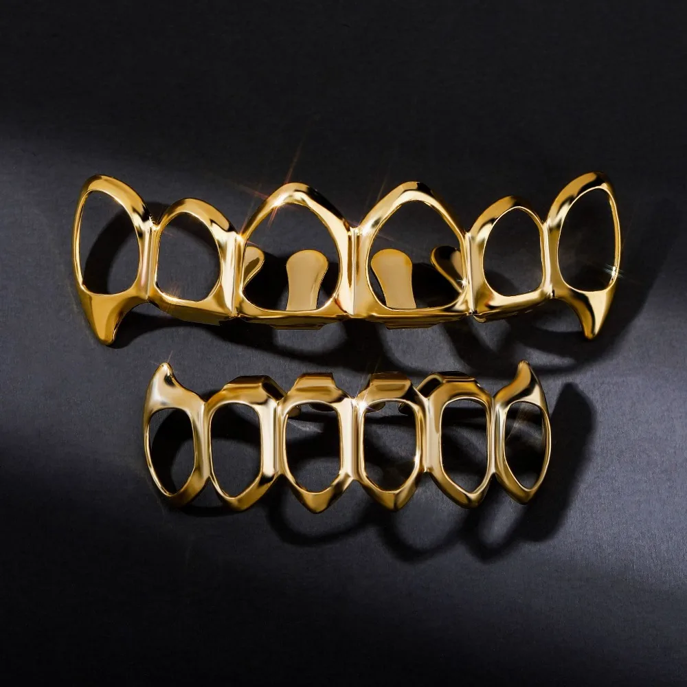 Glossy Finish Hollow Teeth Grillz Top Bottom Set Eco-friendly Copper Shiny Teeth Grillz Caps Gold Anti Slip Teeth Jewelry