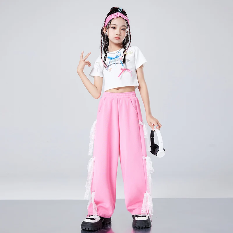 Kids Hip Hop Clothing White Crop Tops Tshirt Streetwear Pink Cargo Pants Streetwear for Girl Jazz Street Dance Costume Clothes