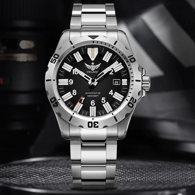 YELANG 2024 New Design 10 Year Ultra Long Range Men Quartz Watches Professional Waterproof 300m Swiss H3 Self Luminous Gas V1036