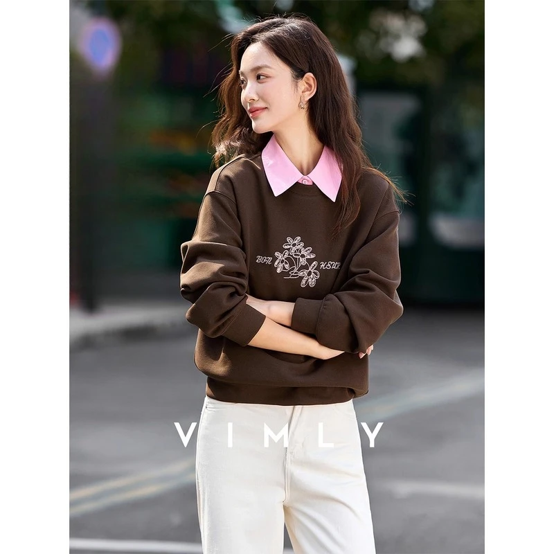 

VIMLY Woman Sweatshirts Floral Embroider Sporty Round Neck Ladies Long Sleeve Tops Autumn 2025 Knitted Sweatshirts Female A2197
