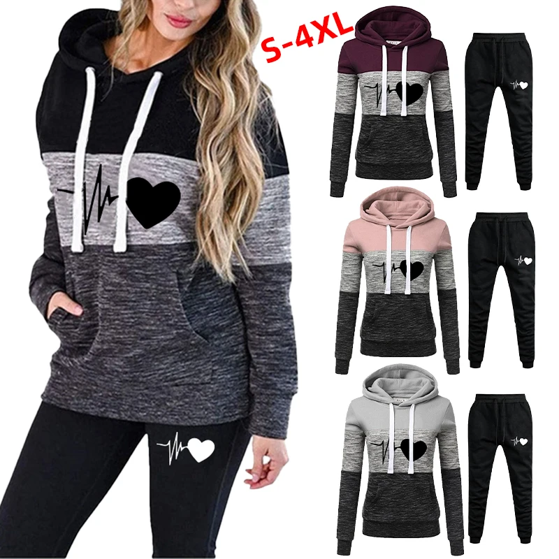 Women Tracksuit Love Printed Two Piece Set Hooded Pocket Sweatshirt and Pants Fashion Casual Streetwear Female Hoodies Suit 4XL