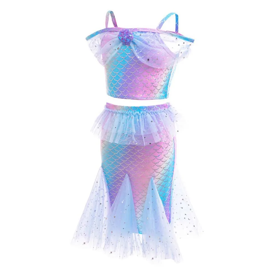 Mermaid Mesh Fishtail Skirt Girl Ariel Cosplay Princess Dress Kid Vacation Sunscreen Quick-dry Swimwear Sets Charm Fancy Costume