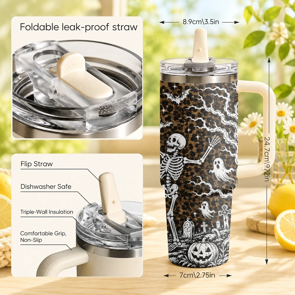 Leopard-Print Skull Vacuum Flasks 40oz Stainless Steel Tumbler with Handle Straw Lid Vacuum Insulated Double Wall Leak Proof