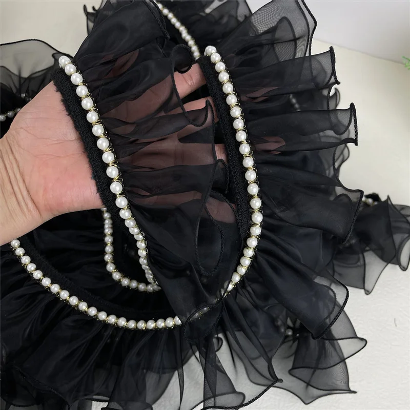 8CM Wide Organza Black Beaded Pleated Tulle Lace Trim for Fringe DIY Prom Even Dresses Ruffle Fabric Sewing Accessories Supplies