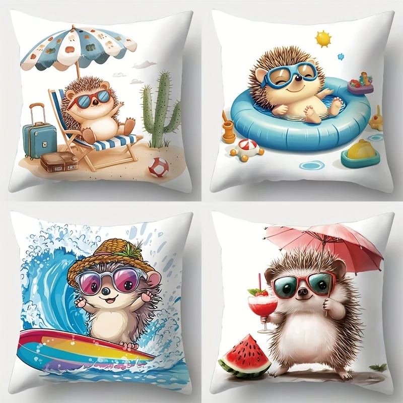 4pcs Throw Pillowcase 40x40cm Cute Hedgehog Animal Cartoon Cushion Set for Nursery Kids Room Summer Beach Decor