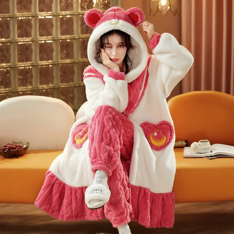 

Coral Fleece Pajama Sets For Women Winter Thicken Warm Nightgown Suits Female Casual Home Clothes Lady Hooded Flannel Nightwear