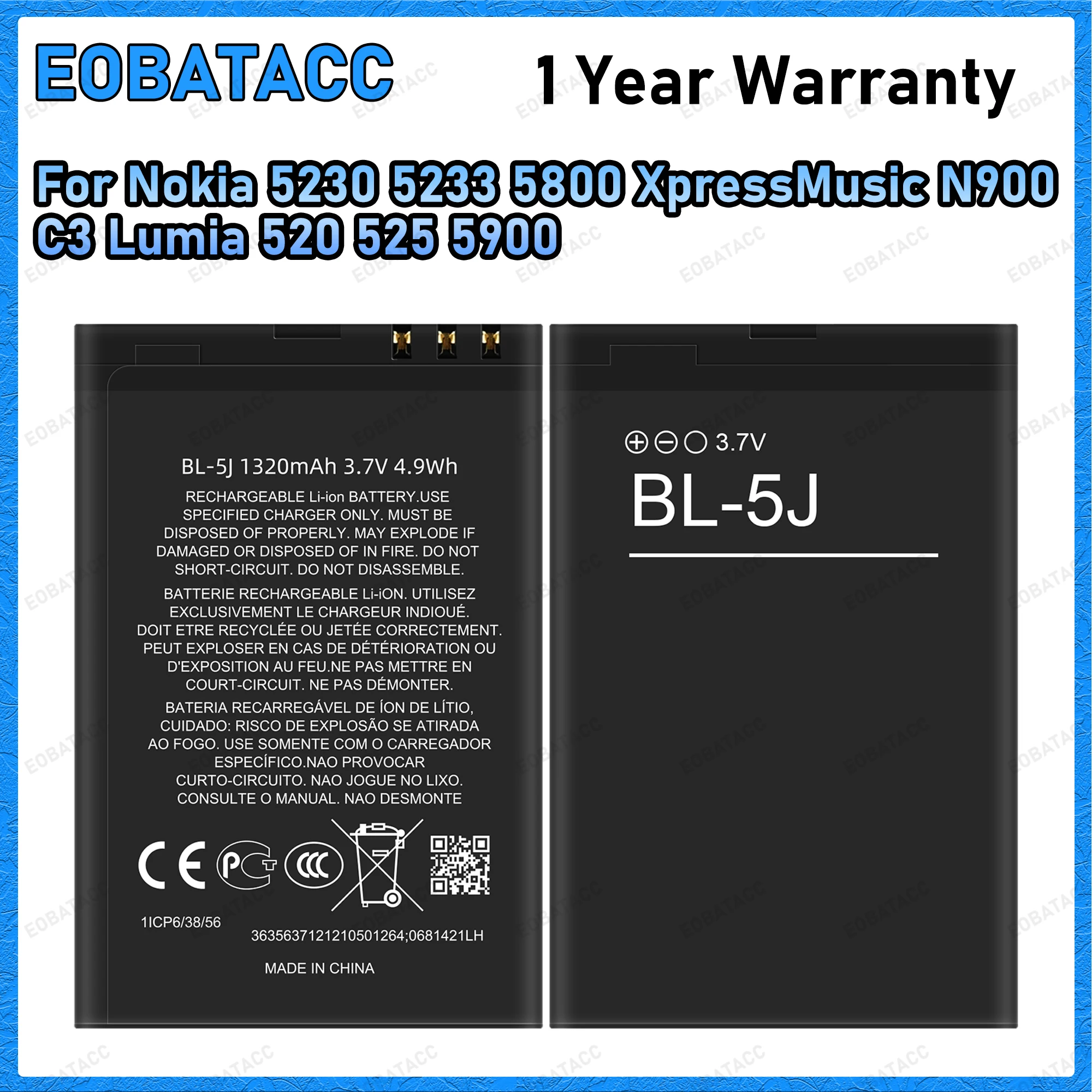 1320mAh BL-5J BL5J Battery Replacement for Nokia Lumia 520 525 530 5230 5233 5235 5800XM X6 C3 X1-01 5802i