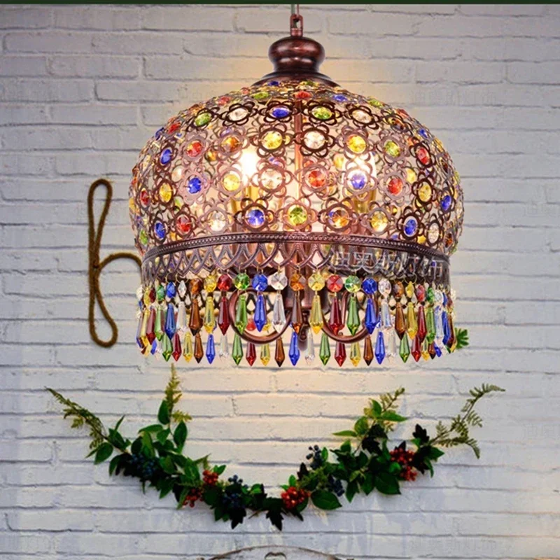 Crystal Pendant Lamp Light, Wrought Iron Lamps Pendant Lights for Kitchen Island Dining Living Room Mediterranean