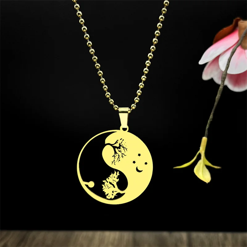 Tai Chi Star Moon Car Keychain for Women Men Stainless Steel Gold Silver Black Color Tree of Life Car Hanging Pendant Jewelry