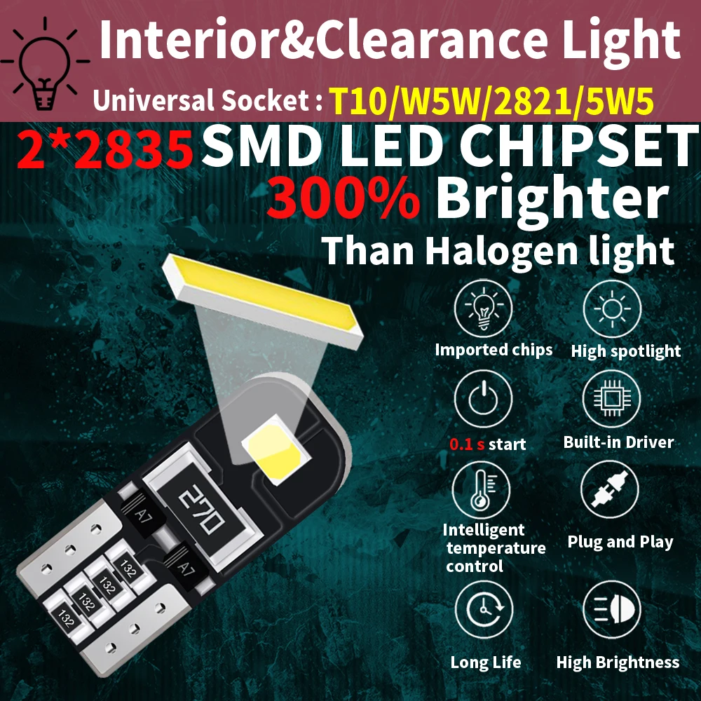 10Pcs T10 168 2825 194 LED Bulb 6000k White W5W LED Car Interior Light Auto Lamp 12V For Toyota Corolla 150 Camry 40 CHR Yaris