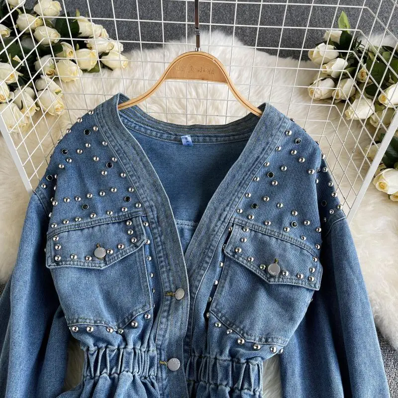 Denim Jacket Women\'s Spring Autumn New Heavy Industry Studded Beaded Loose Joker Short Fashion Long Sleeve Casual ComfortableTop