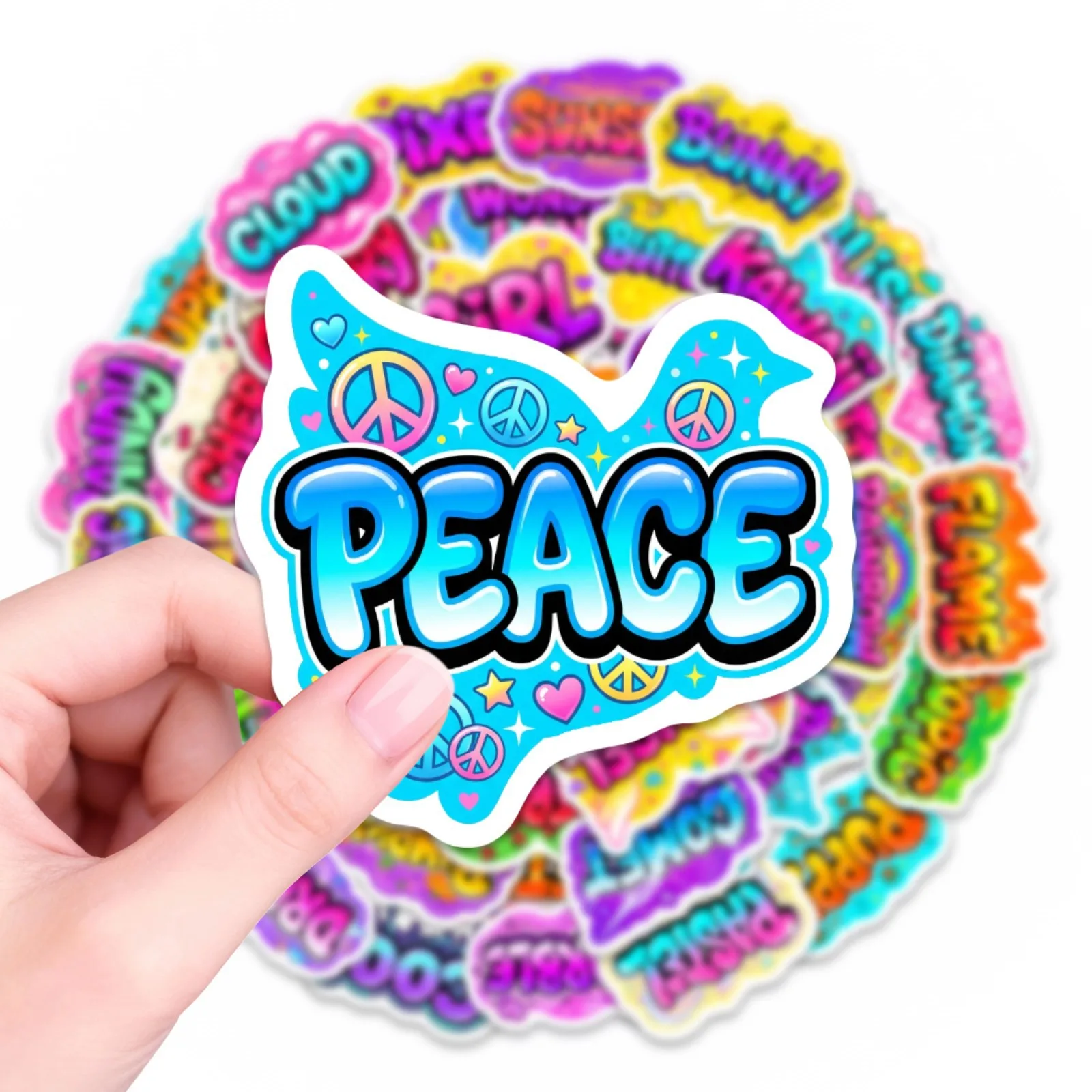 50 Pcs Boom Effect Text Colorful Doodle Stickers for Suitcase Cup Scooter Helmet File Folder Phone Laptop Scrapbook Decals