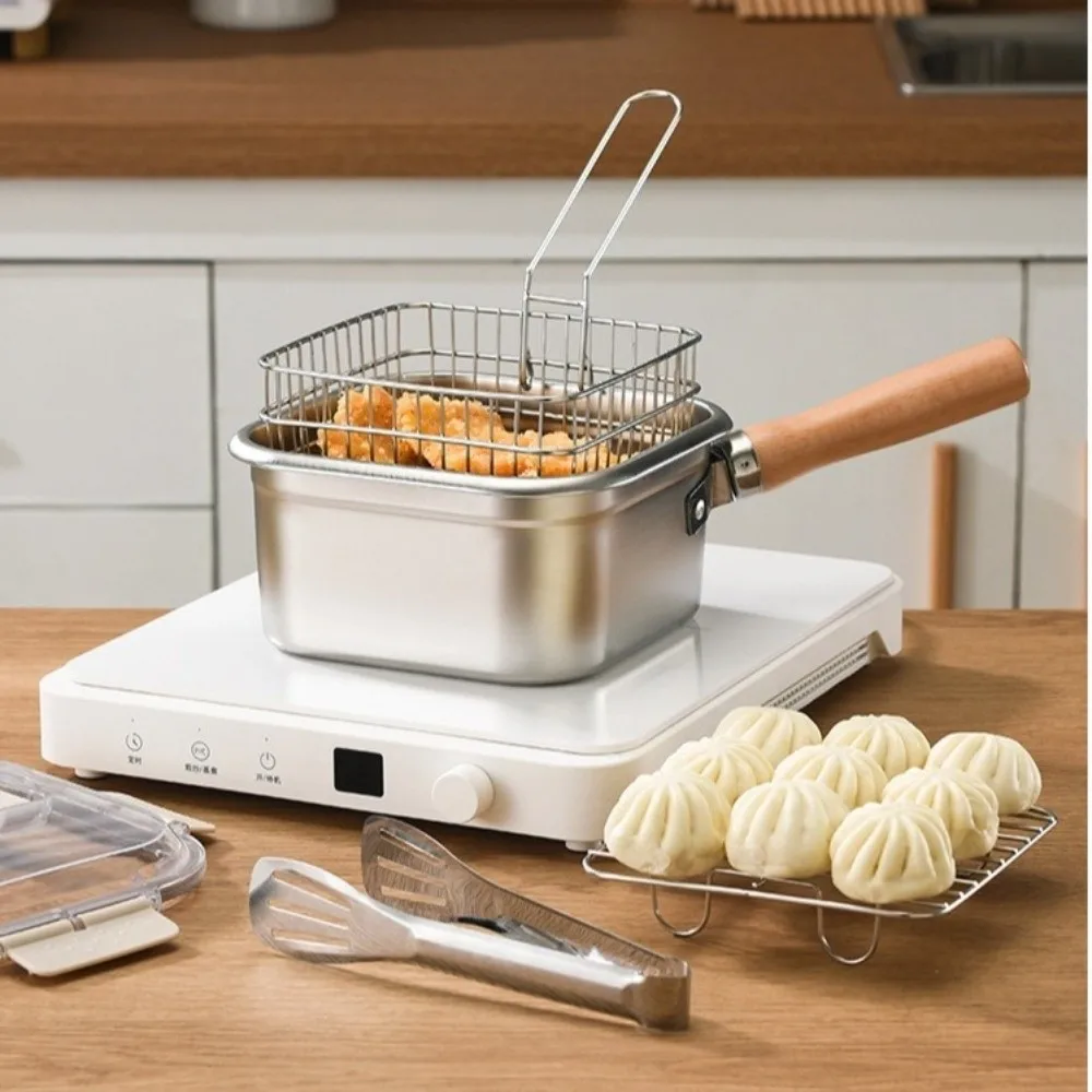 Portable Stainless Steel Frying Pan Square Shape Non-Stick Cooking Pot with Basket Camping Cookware Set Pasta