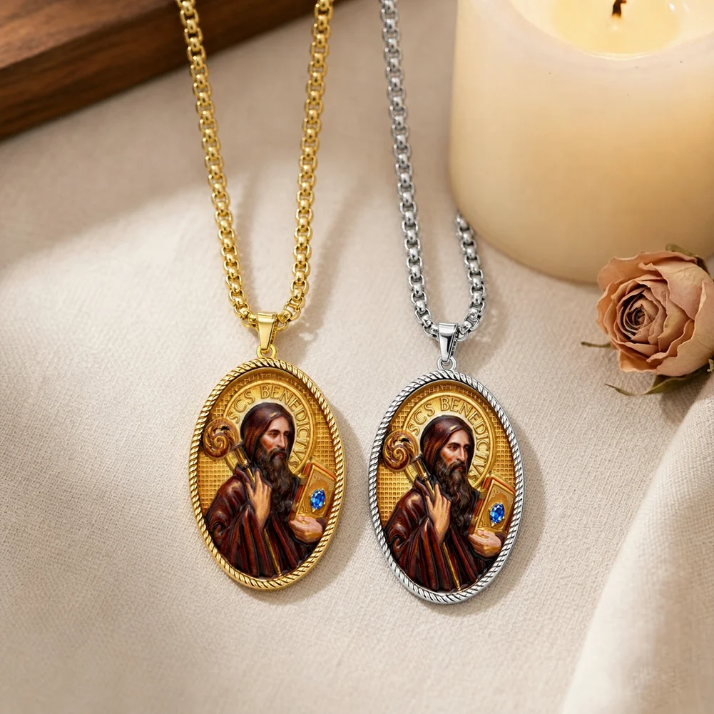 Vintage St Benedict Medal Necklace Color Picture Pendant Protection Religious Amulet Jewelry for Men Women Catholic Gifts