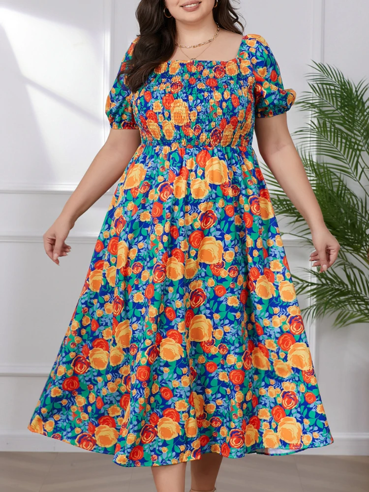 Plus Size Women's Printed Square Neck Bubble Sleeve A-line Length Dress 2024 Summer Ruffle Edge Street Wear Vest Evening Dresses