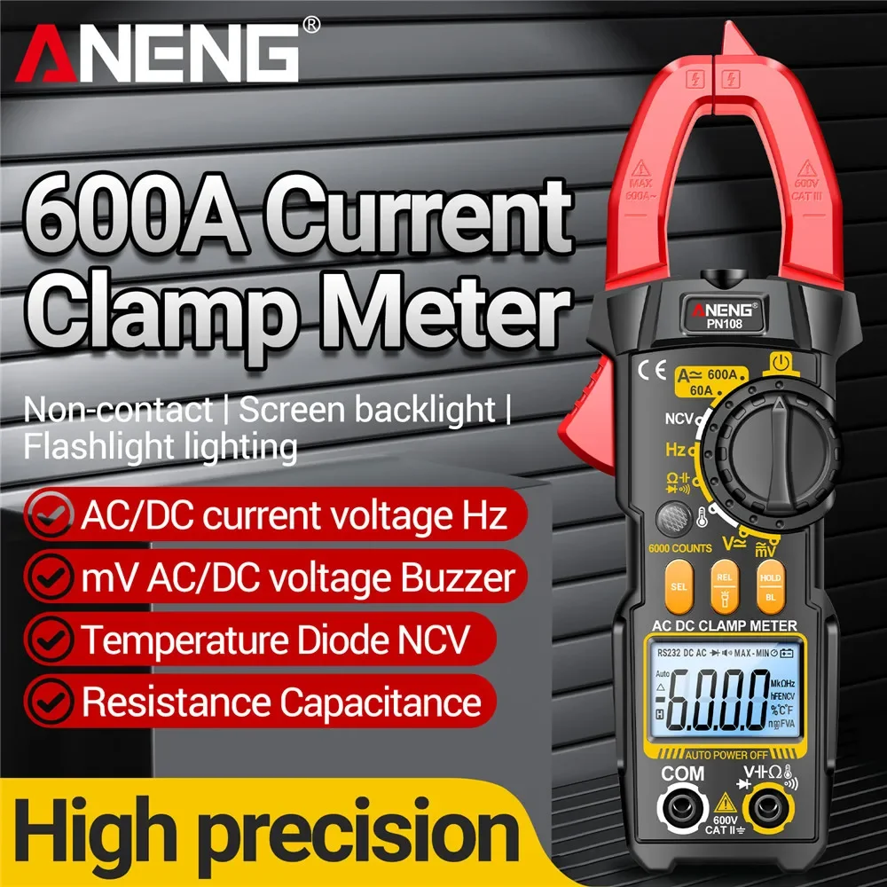 ANENG PN108 Clamp Meter Multimeter Smart 6000 Counts Digital AC/DC Voltage 600A Current Resistance Capacitance Diode Tester Tool