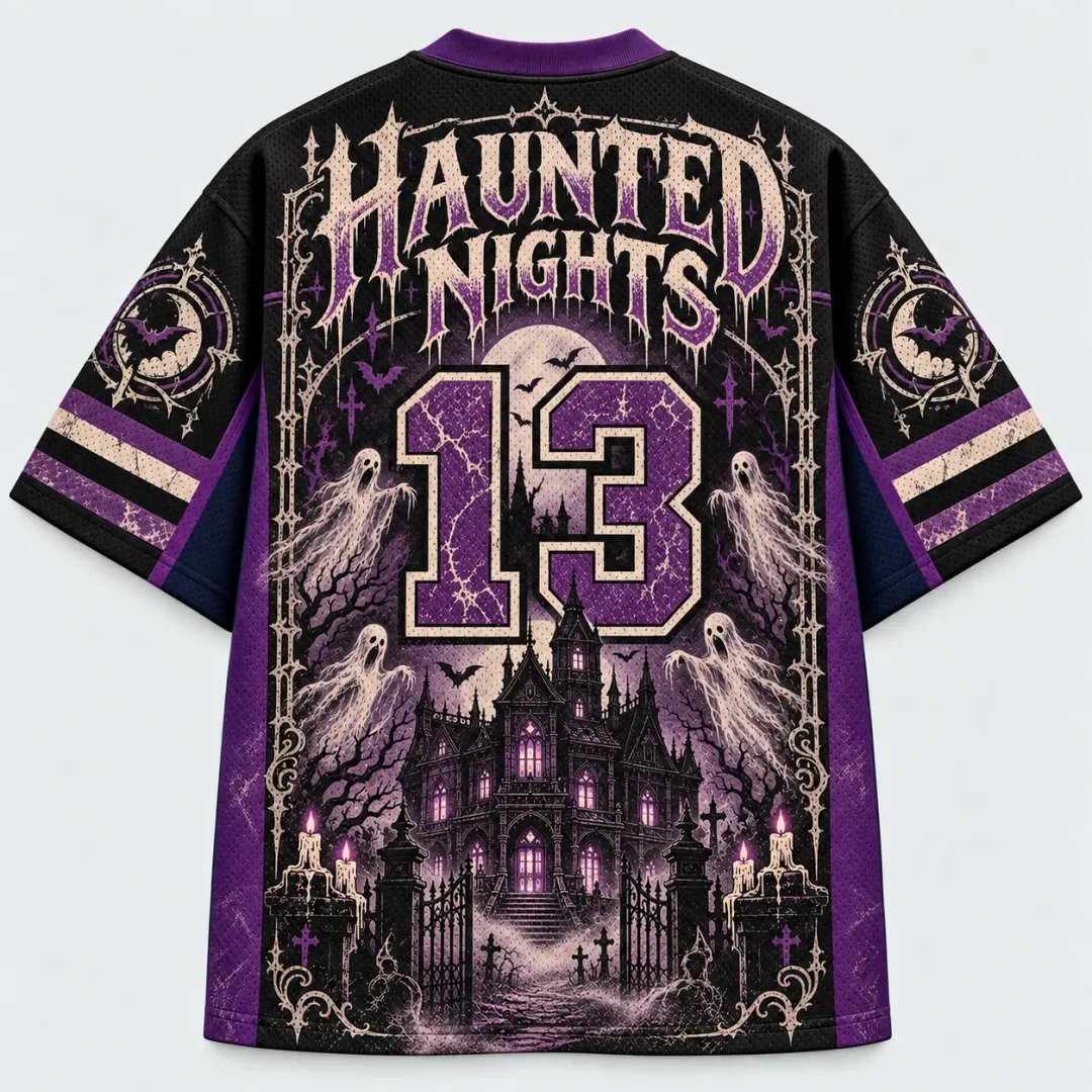 Halloween Haunted House Night Football Jersey Ghost Haunted Castle Moon Bat Print V-neck Gothic Horror Street Sports Uniform