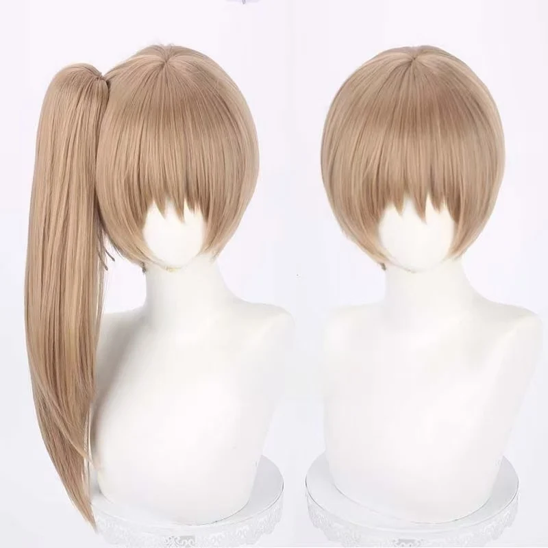 Okita Sougo Cosplay Wig Gintama Light Brown Short Bob Wig With Detachable Tiger‑clip Ponytail Synthetic Hair for Halloween Party