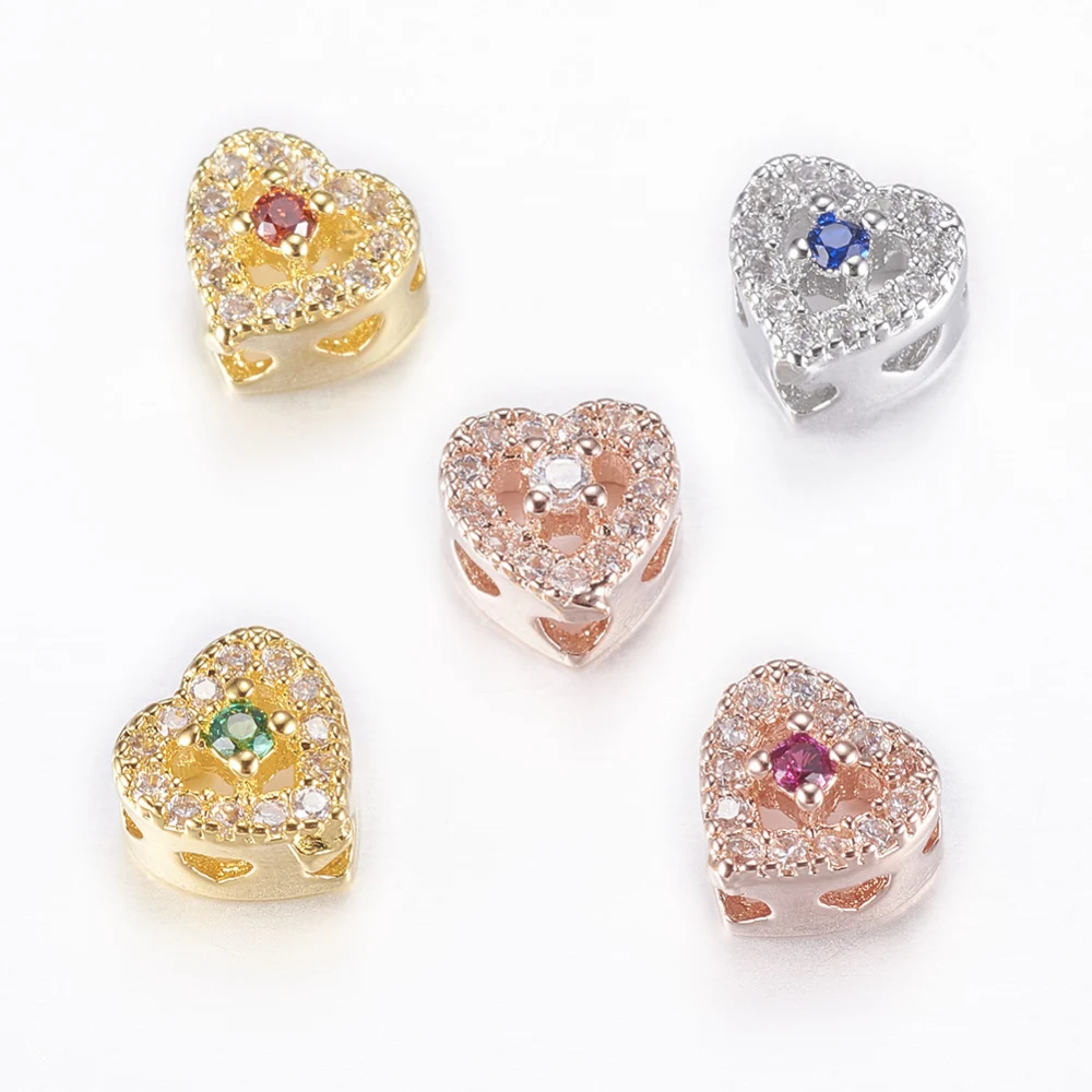 

30Pcs Heart Brass Micro Pave Cubic Zirconia Beads Colorful Love Heart Spacer Bead for Jewelry Making Bracelet Necklace 7x7x5mm