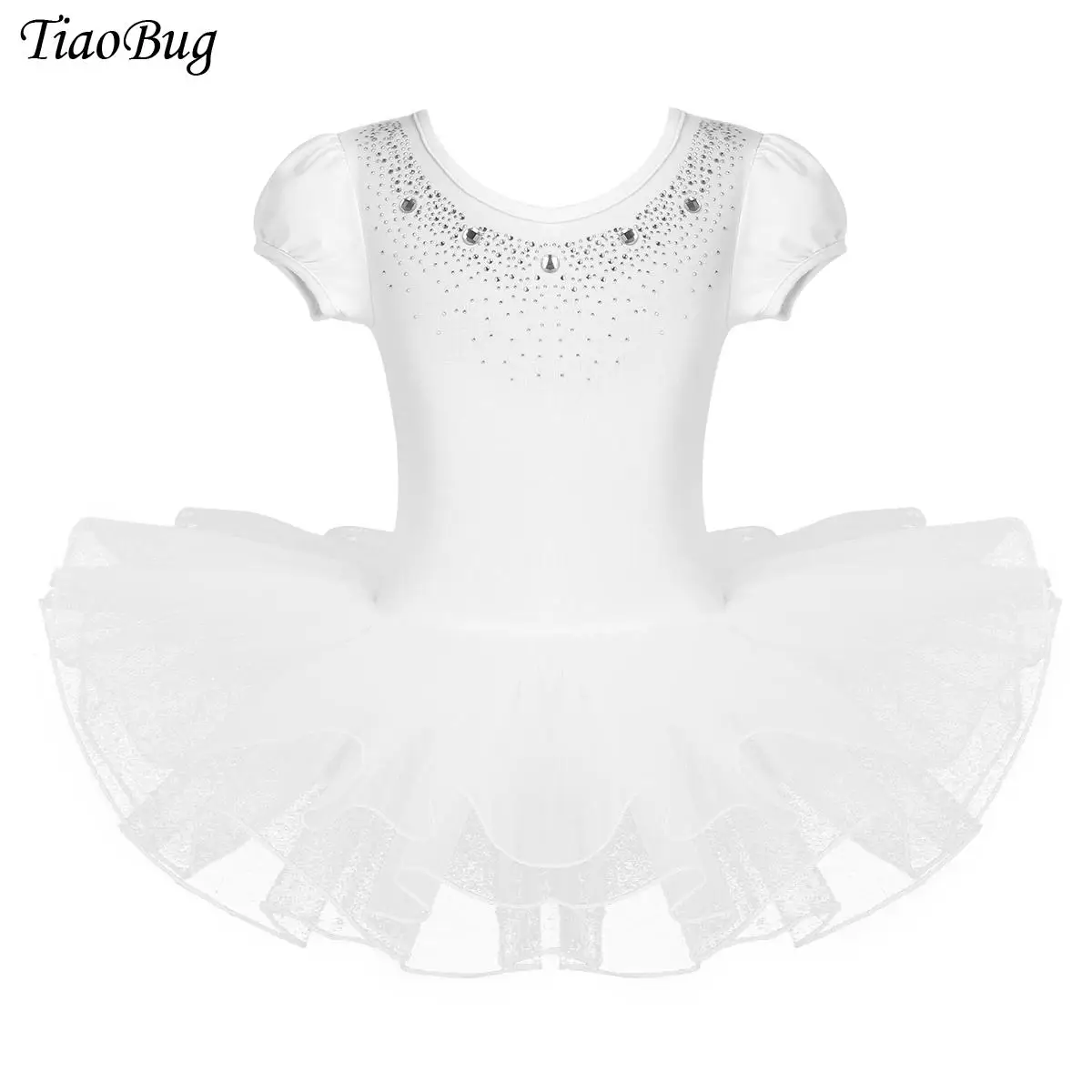 

Kids Girls Ballet Tutu Dress Cotton Short Bubble Sleeves Mesh Splice Shiny Rhinestones Ballerina Dance Gymnastics Leotard Dress