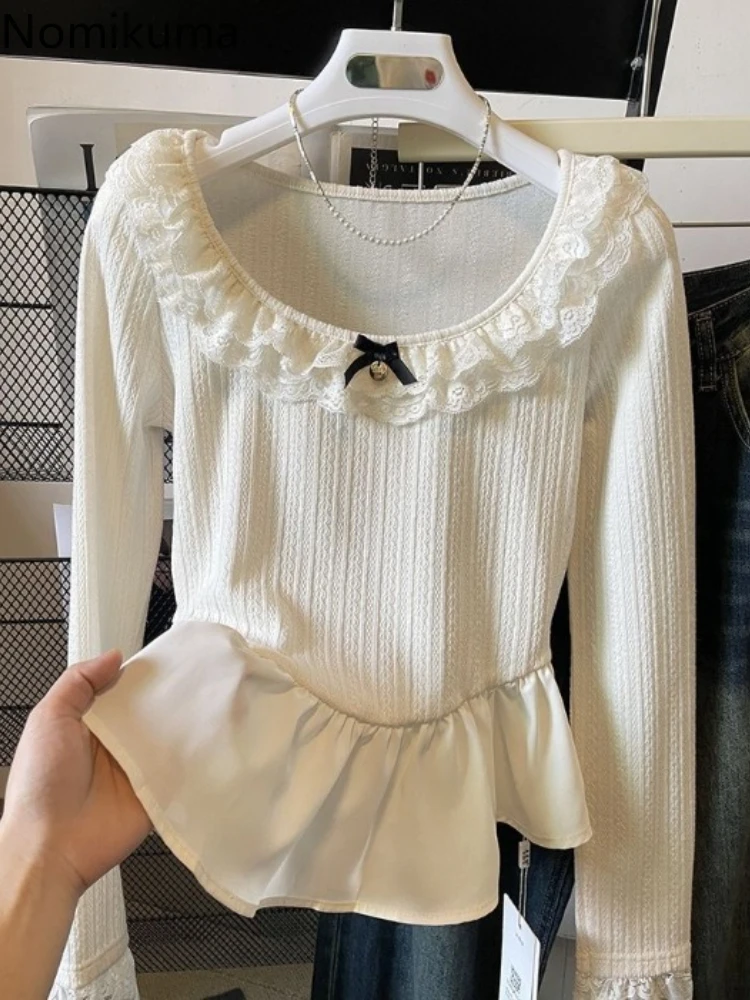 

2025 Blusas Mujer De Moda Korean Blouses Women Clothing Lace O-neck Tunic Shirts Long Sleeve Ruffles Vintage Blouse Tops Female