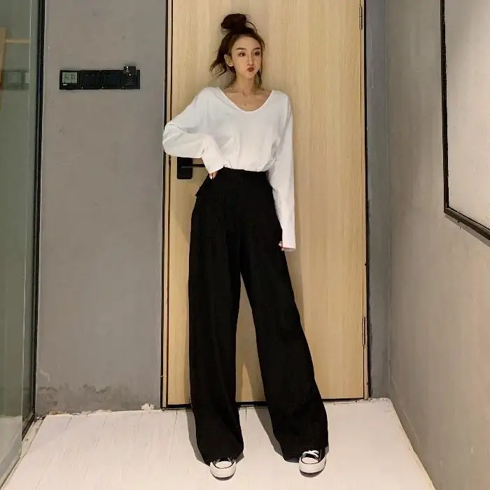 2023 Retro Solid Color Wild Straight Wide Leg Pants Female Spring New Korean Fashion High Waist Casual Long Pants