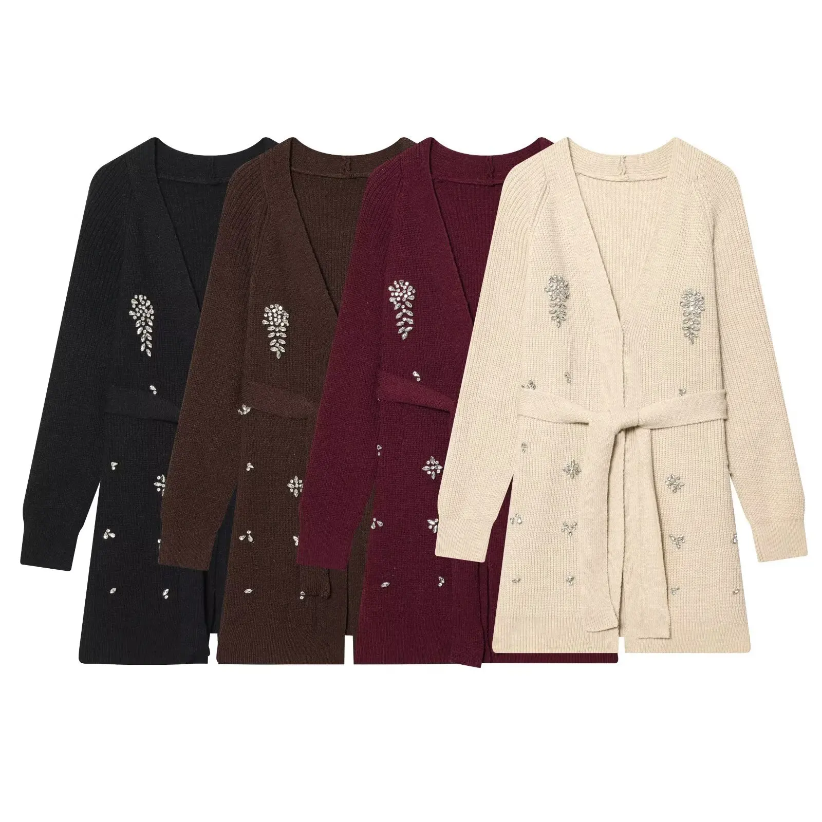

2026 Fashion Long Sleeve Knitted Beaded Jewelry Open Cardigan Women's with Belt Outerwear V-neck Casual Female Knitted Sweaters