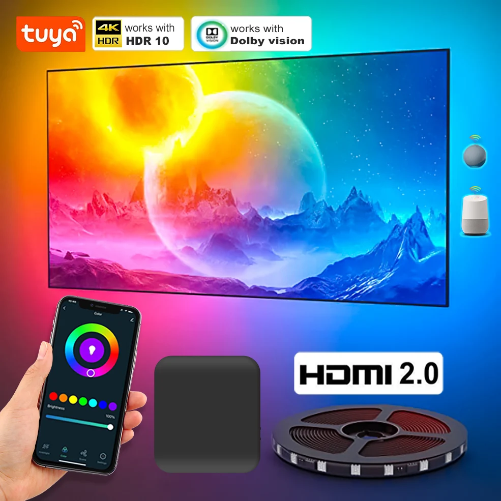 Smart Ambient Lighting TV Backlight 4K Hdmi 2.0 Sync Box Led Strip Lights Kit PC Screen Tuya Led Tape For Alexa, Google Home