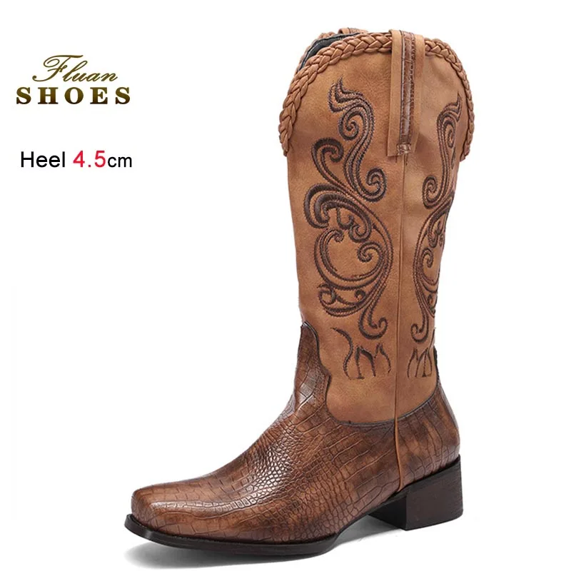 2025 جديد تطريز أنيق النساء منتصف العجل الأحذية رئيس مربع 4.5 سنتيمتر كعب متوسط فارس الأحذية الخريف الشتاء سيدة أحذية أحذية طويلة